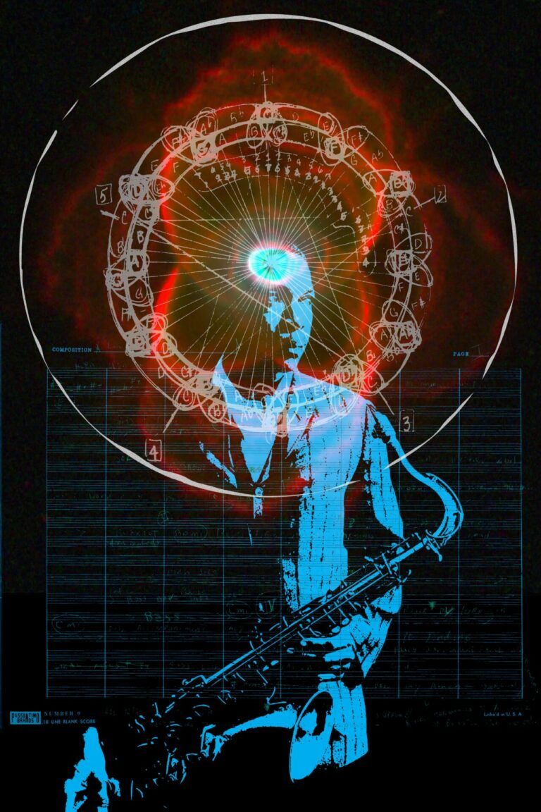 A red and blue psychedelic composition depicting the musician John Coltrane.