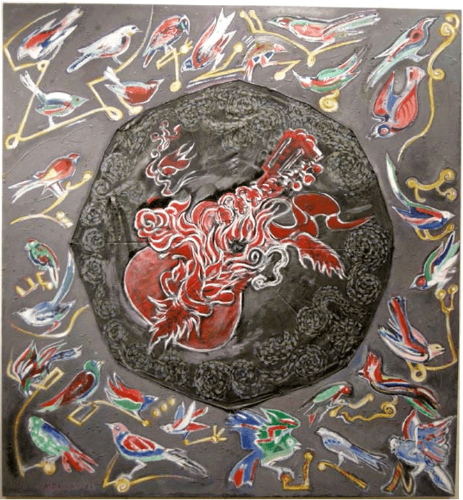 Colorful birds surrounding a red flaming instrument.